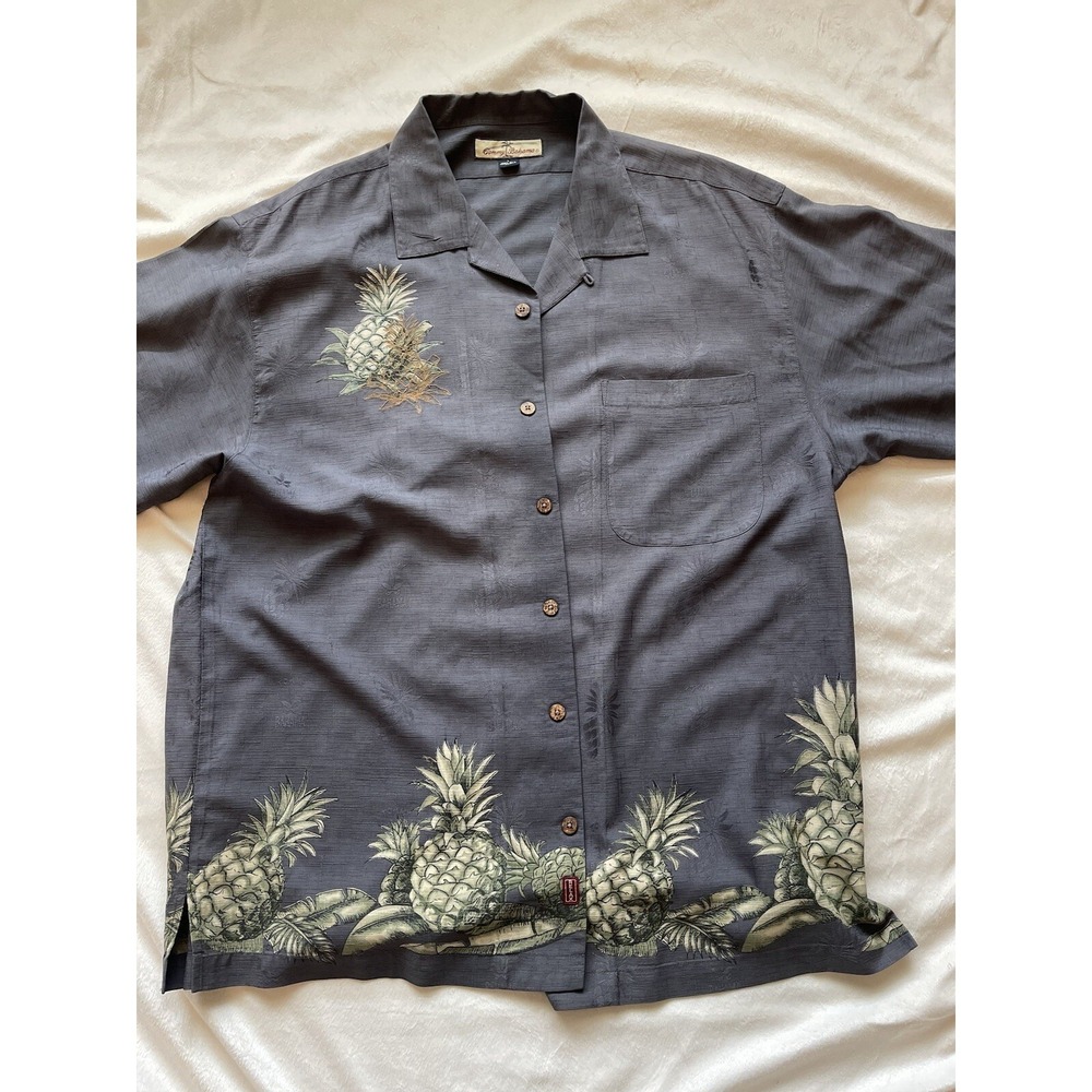 Tommy Bahama Mens Size‎ Large Grey Pineapple Hawaiian Relaxed Shirt Loop Collar